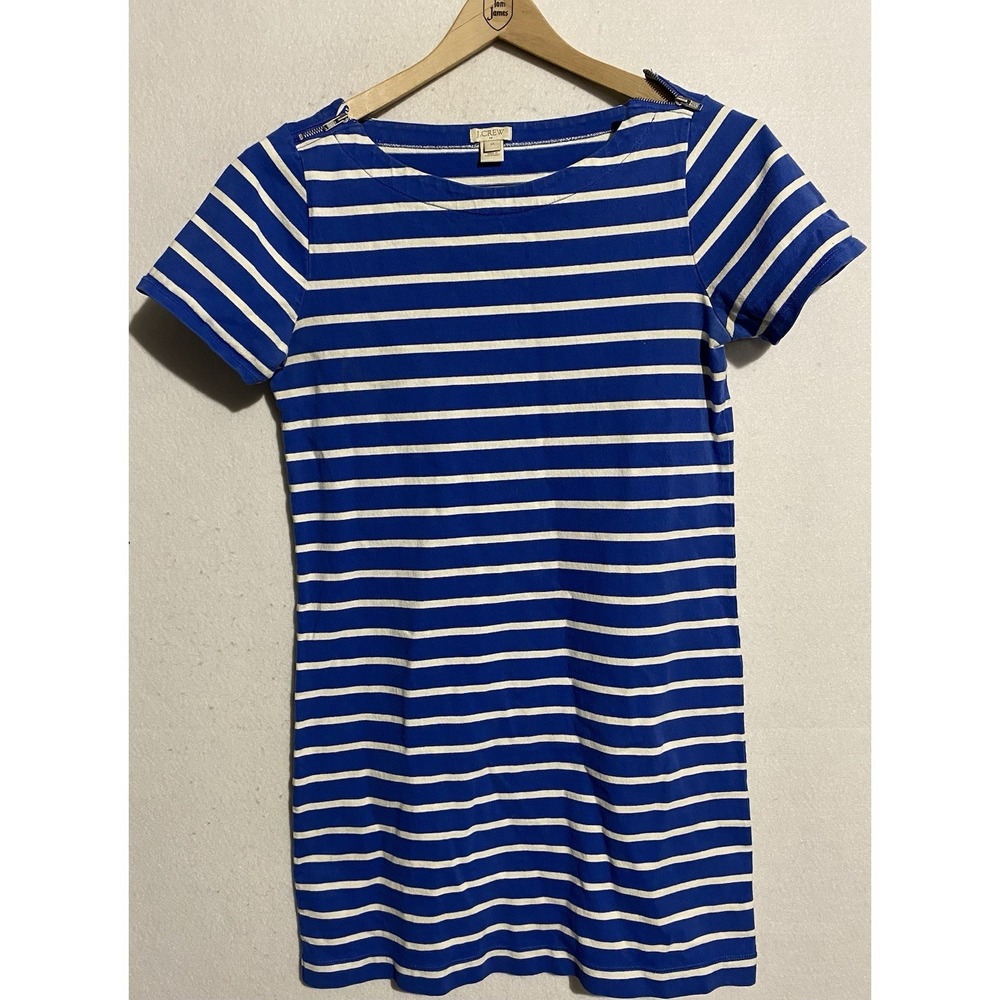 J. Crew Dress Blue White Stripes Shift Short Sleeve Cotton Knit Womens XS Preppy